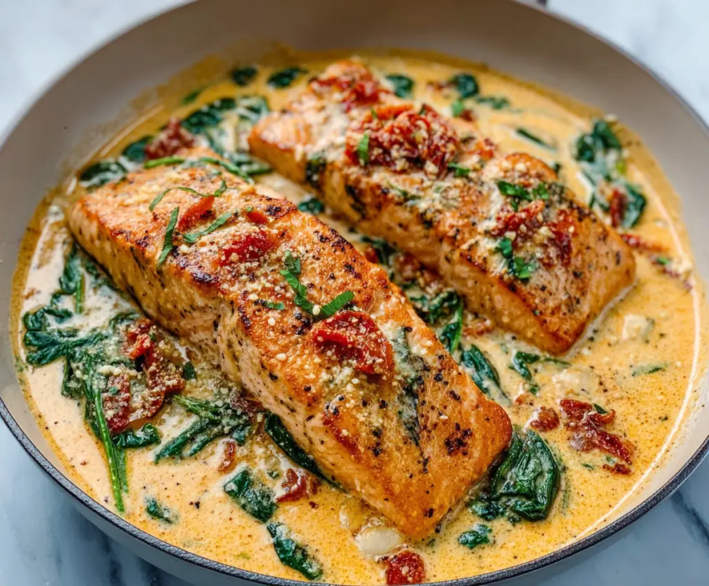 Creamy Tuscan Salmon dish with tender salmon fillets in a rich, creamy Italian sauce with spinach and sun-dried tomatoes.