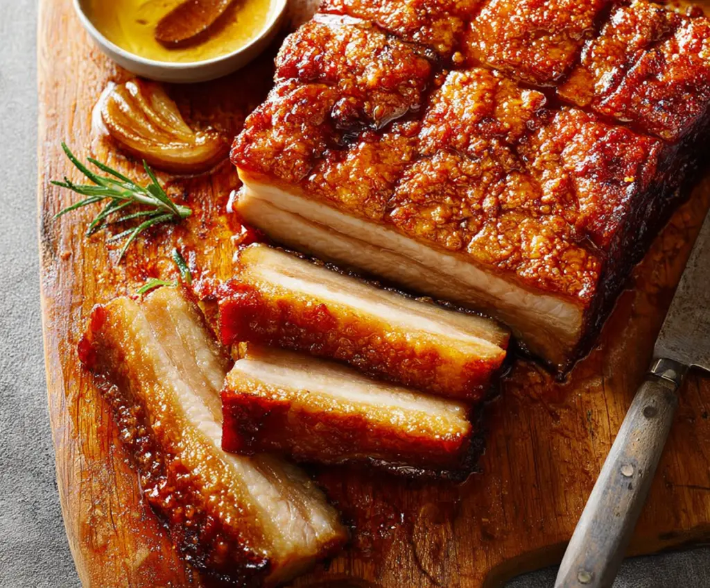 Delicious crispy pork belly served with crispy skin and tender meat, perfect for a flavorful main course.
