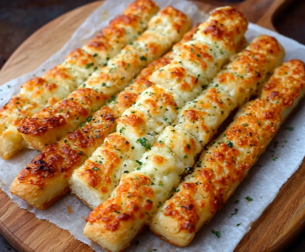 Golden crispy sourdough cheesy breadsticks topped with melted cheese and herbs, perfect for snacking or parties.