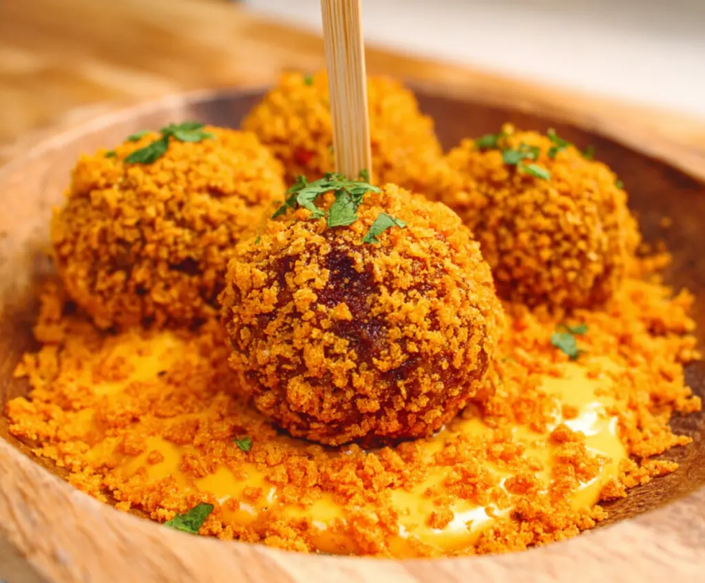 Crispy Dorito-coated meatballs served on a platter as a tasty appetizer or snack.