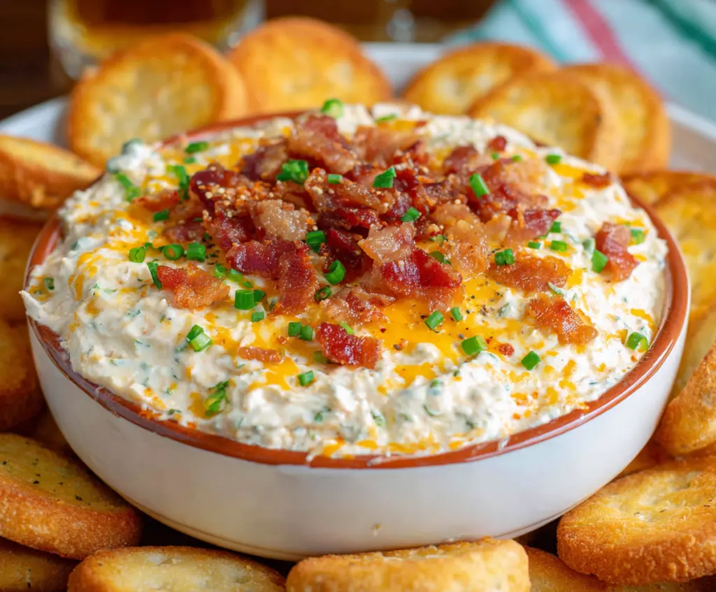 Creamy Million Dollar Dip with cheese, bacon, and green onions served in a bowl for easy snacking.