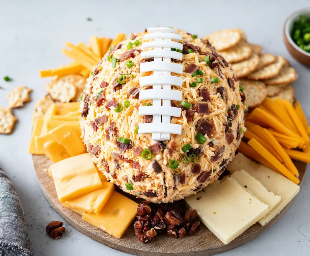 Football-shaped cheese ball appetizer for game day celebration