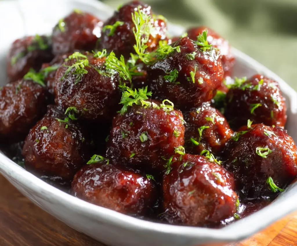 Delicious grape jelly meatballs served on a plate as an easy appetizer or meal.