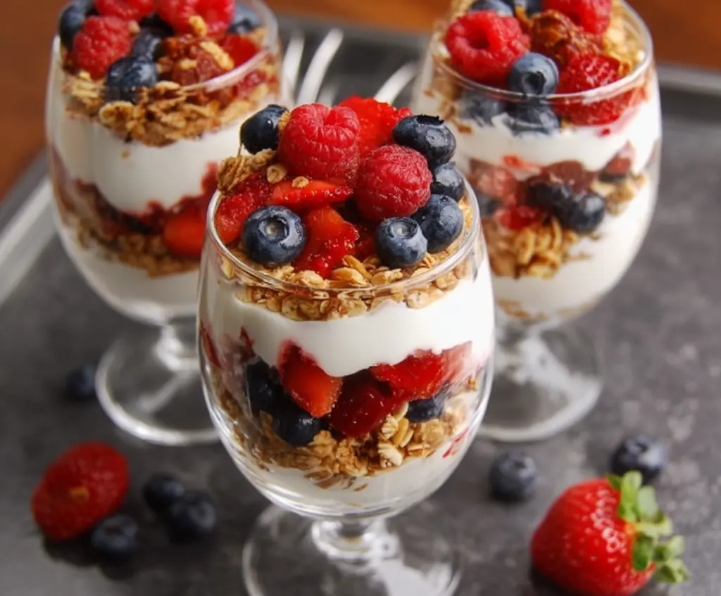Delicious Greek Yogurt Berry Parfaits layered with fresh strawberries blueberries and raspberries.