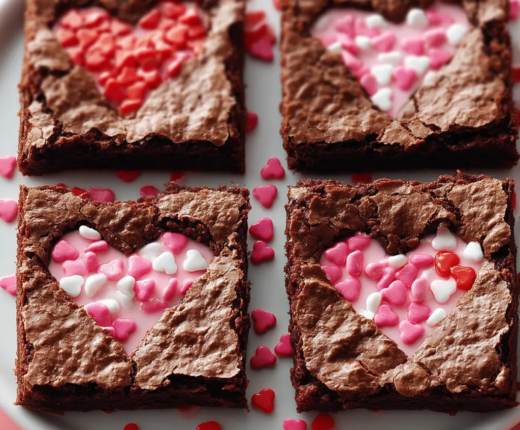 Delicious heart-shaped brownies on a plate, perfect for Valentine's Day baking.