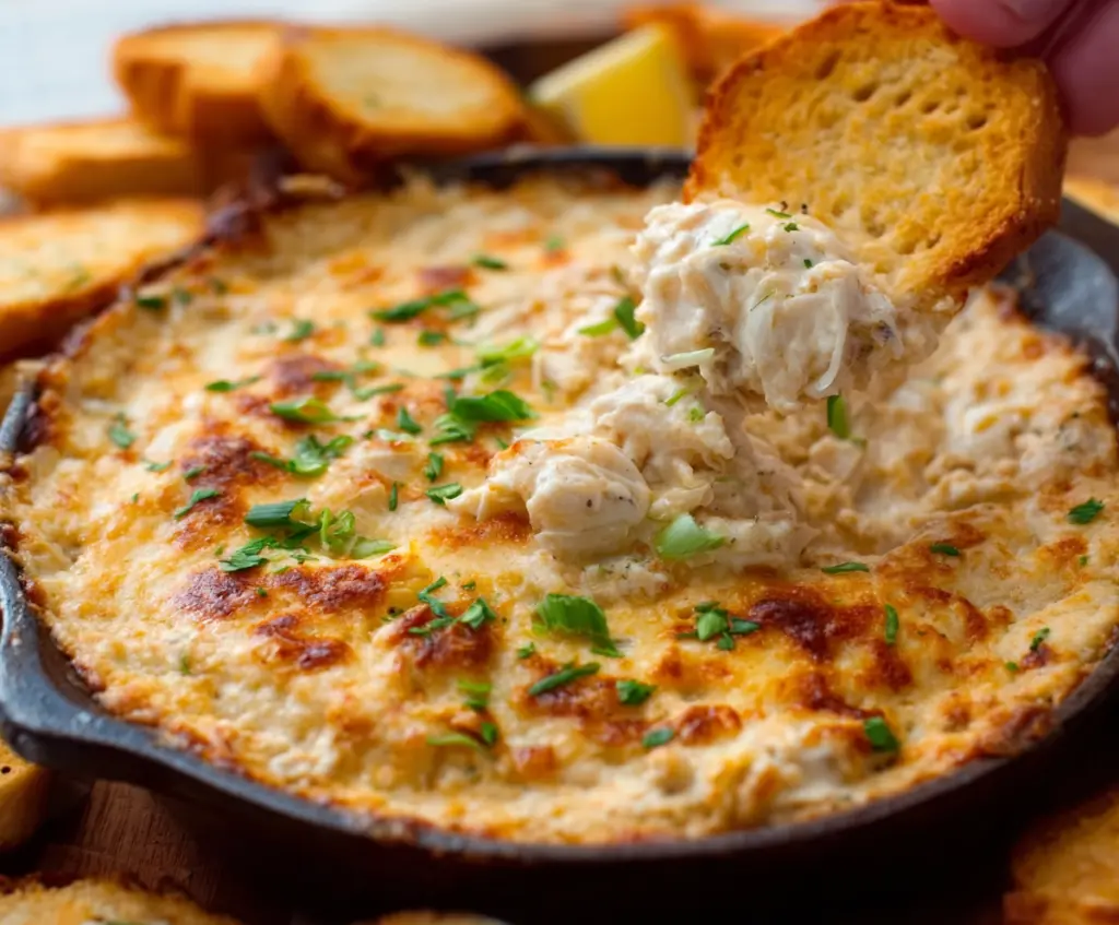 Creamy hot crab dip served in a bowl with fresh herbs, perfect appetizer for parties.