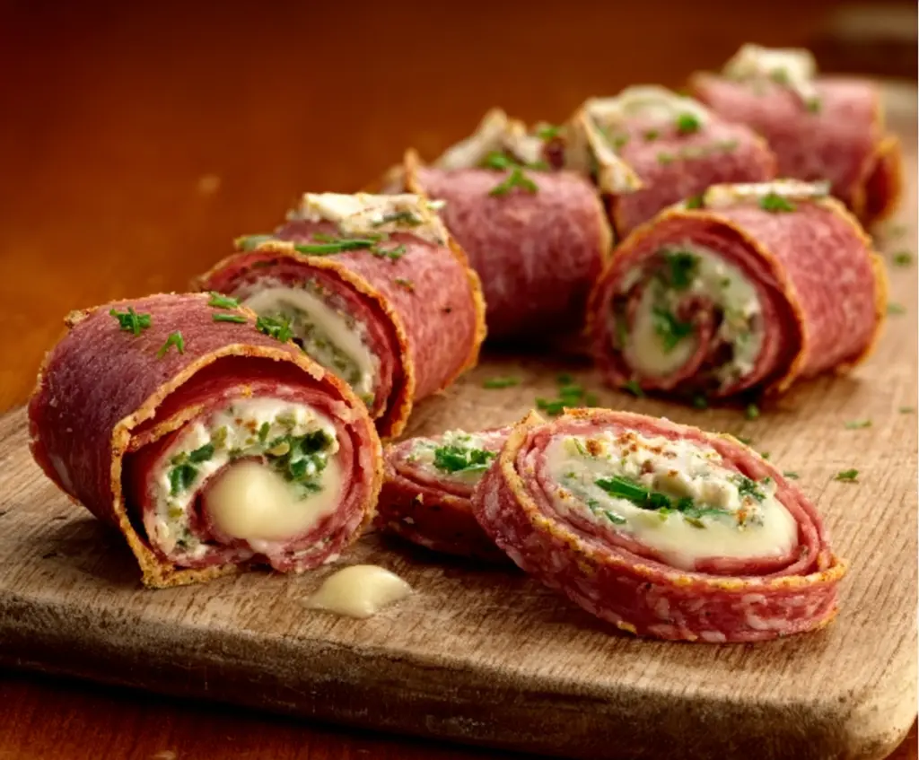 Keto salami roll-ups appetizer with cream cheese and herbs on a white plate.
