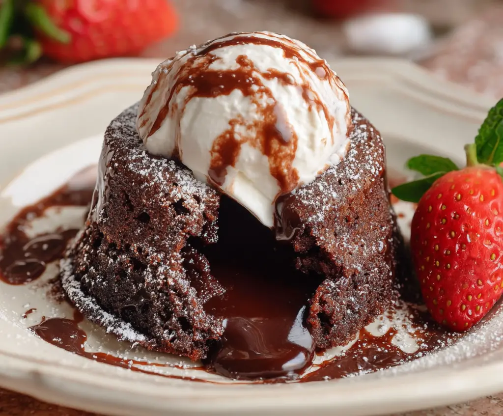 Decadent chocolate lava cake with a gooey molten center, served warm on a plate.