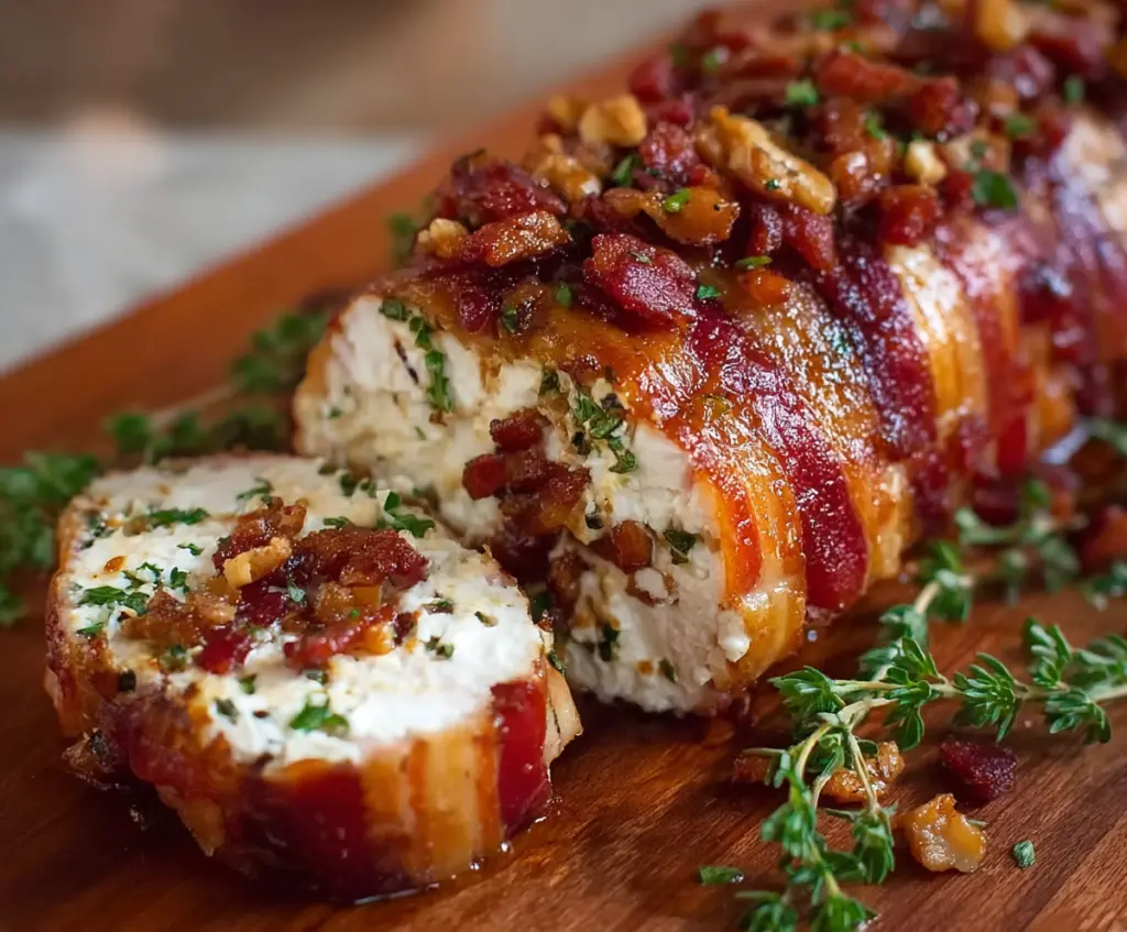 Delicious Million Dollar Bacon Goat Cheese Appetizer Log with crispy bacon and creamy goat cheese on a serving platter.