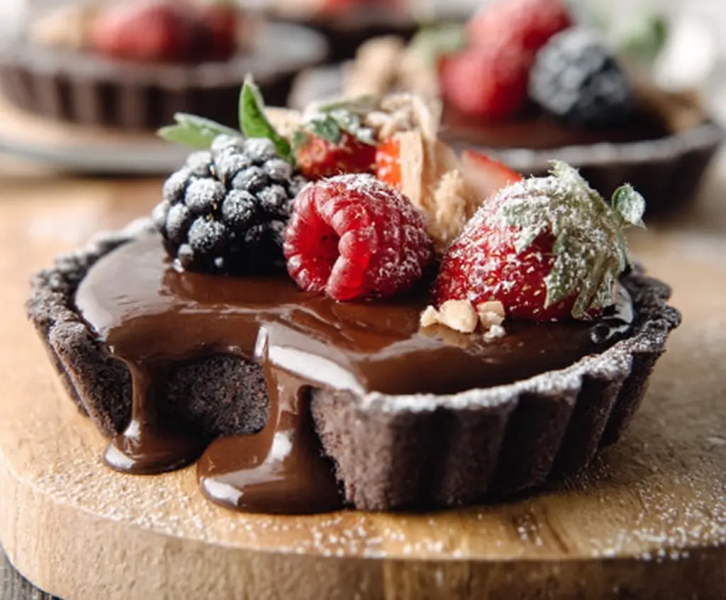 Delicious mini chocolate tarts topped with rich ganache for a decadent dessert.