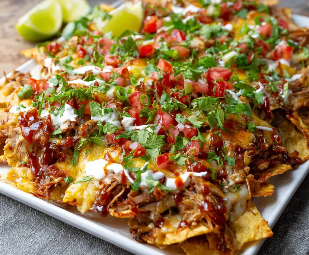 Delicious pulled pork nachos topped with melted cheese, jalapenos, and fresh herbs on a serving plate.