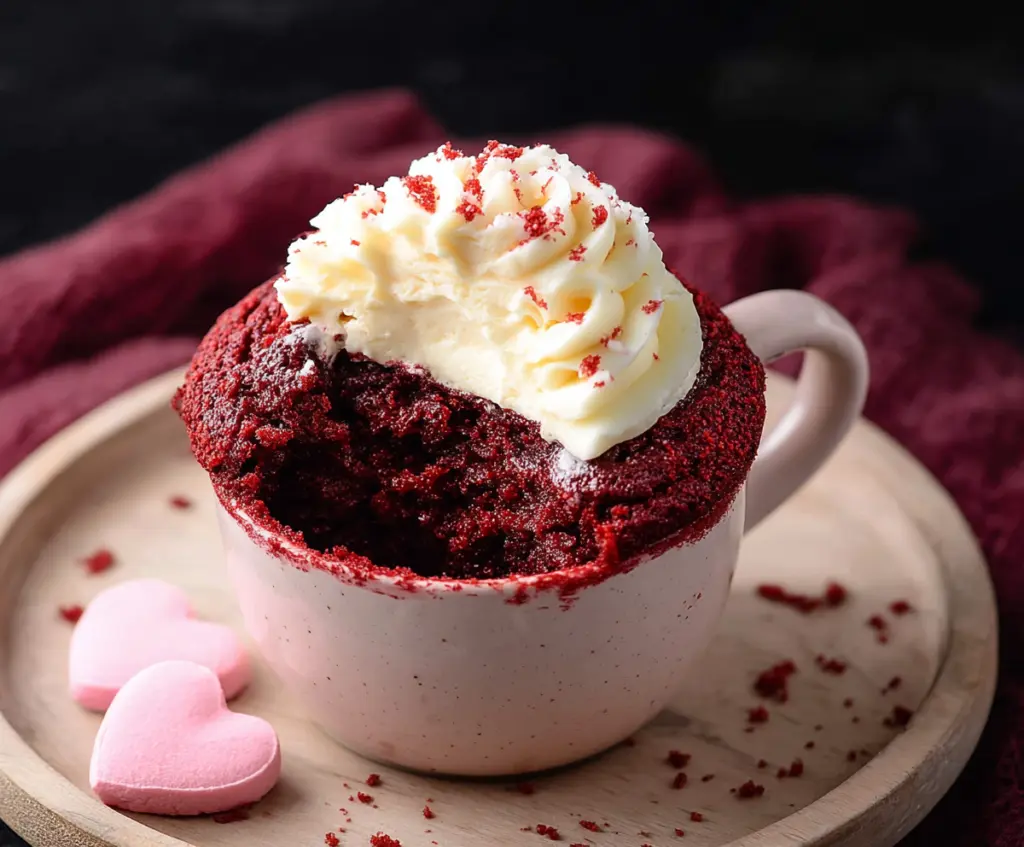 Delicious red velvet mug cake topped with cream cheese frosting, perfect for quick dessert lovers.