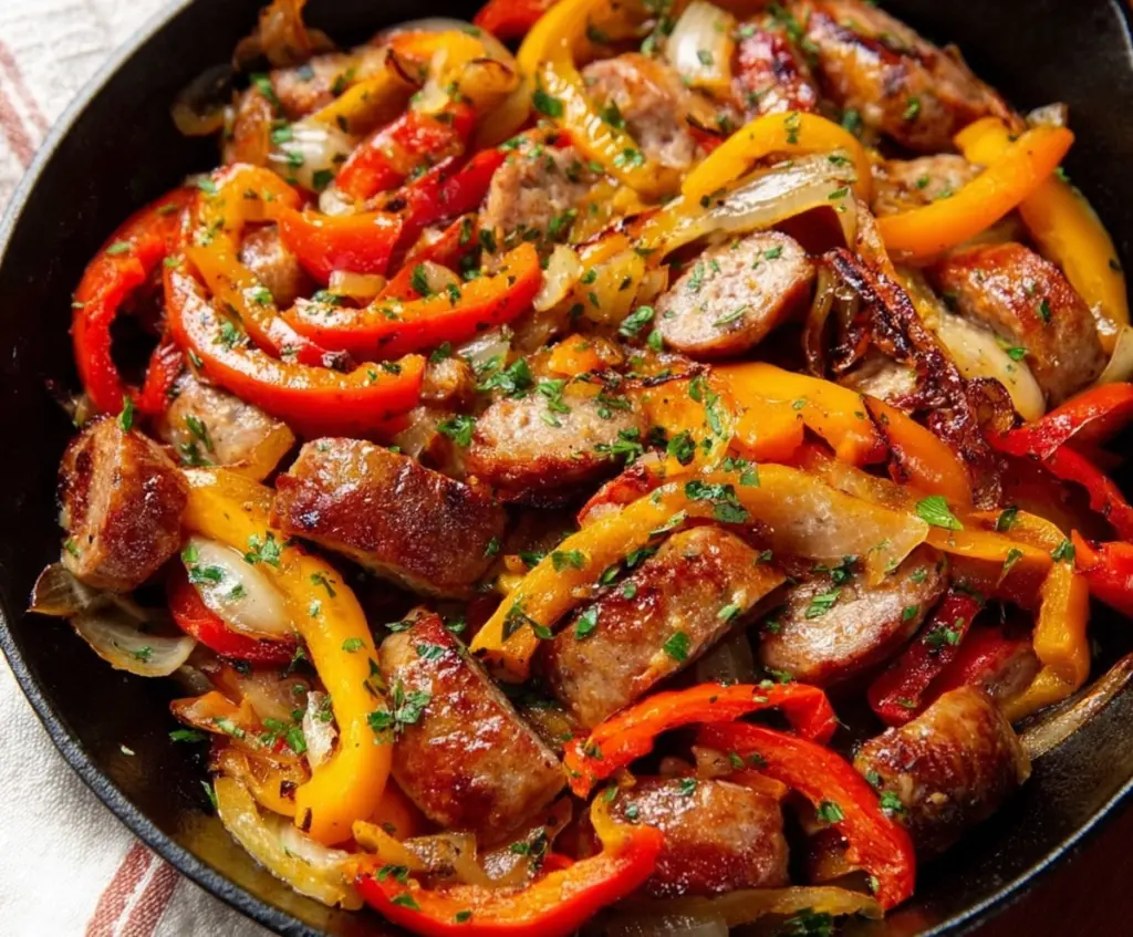 Delicious sausage and colorful bell peppers skillet served on a plate, perfect for a quick and savory meal.