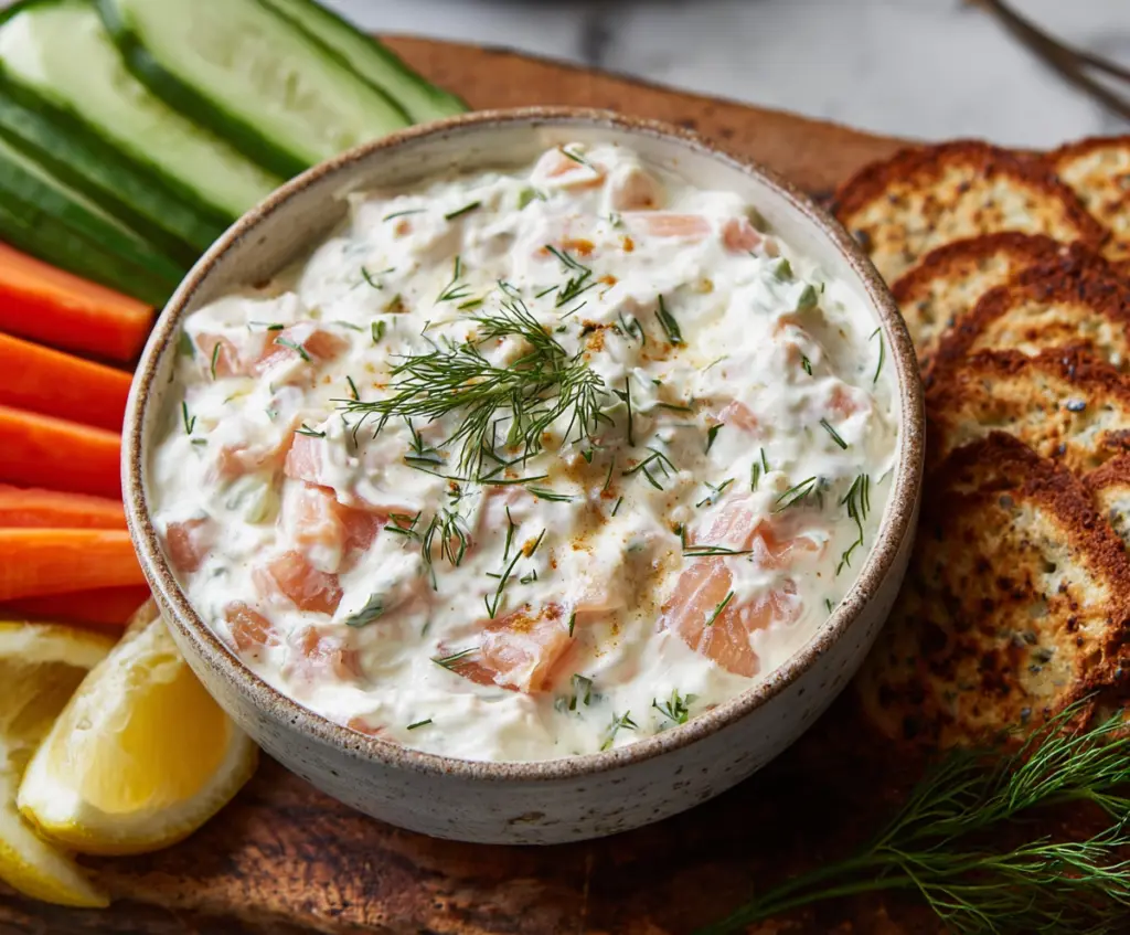 Creamy smoked salmon dip served with fresh herbs and crackers, perfect for appetizers and parties.
