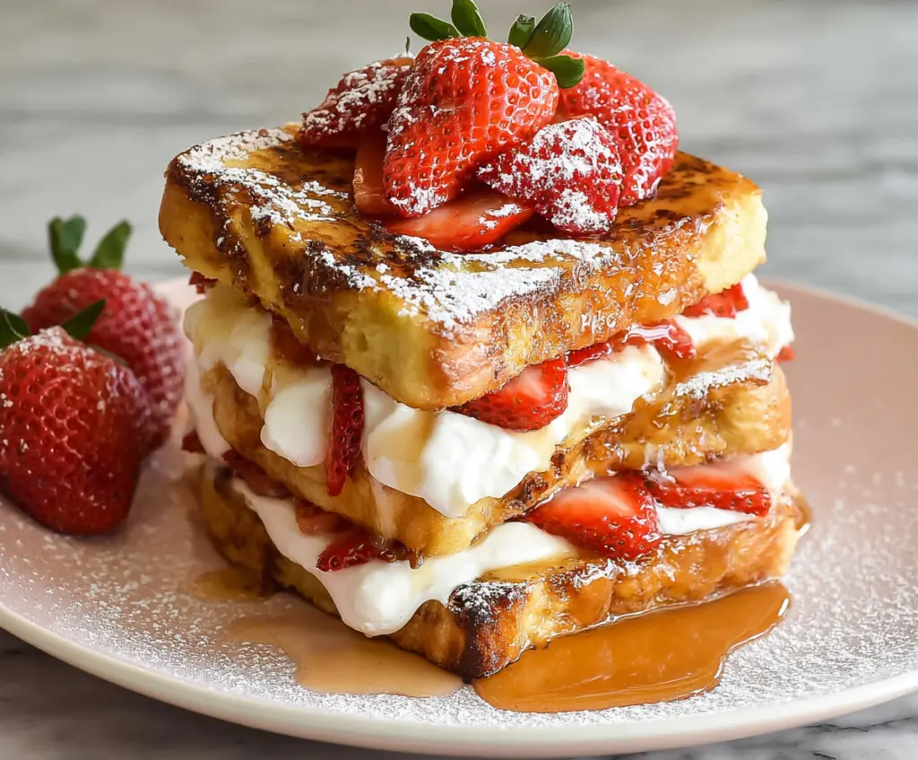 Delicious strawberries and cream French toast served on a plate for breakfast.