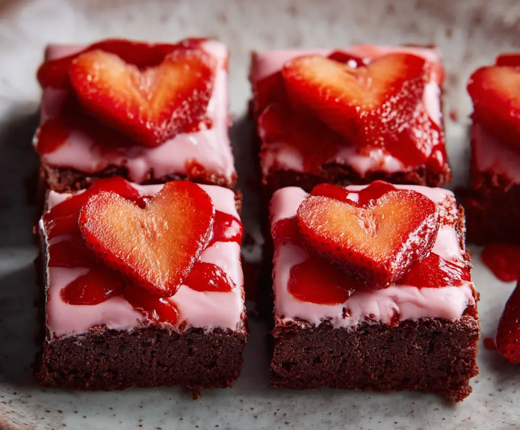 Delicious homemade strawberry brownies with fresh strawberries and rich chocolate.