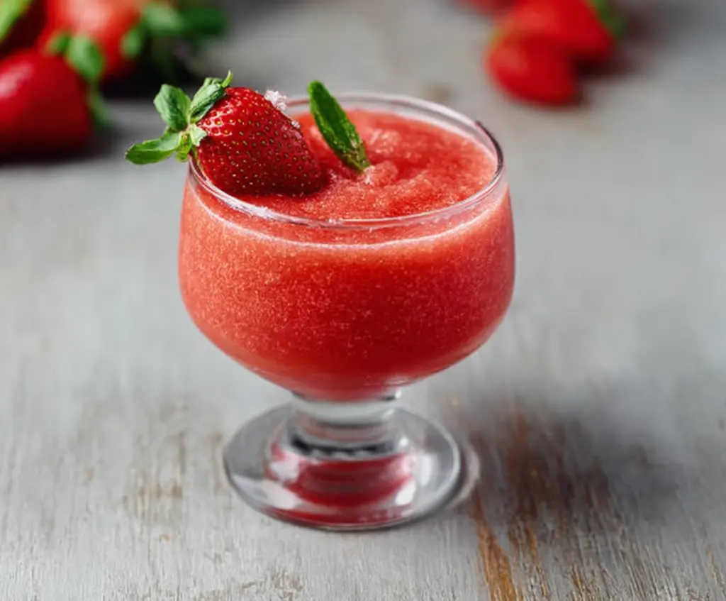 Refreshing strawberry daiquiri in a glass garnished with fresh strawberries and a lime wedge.