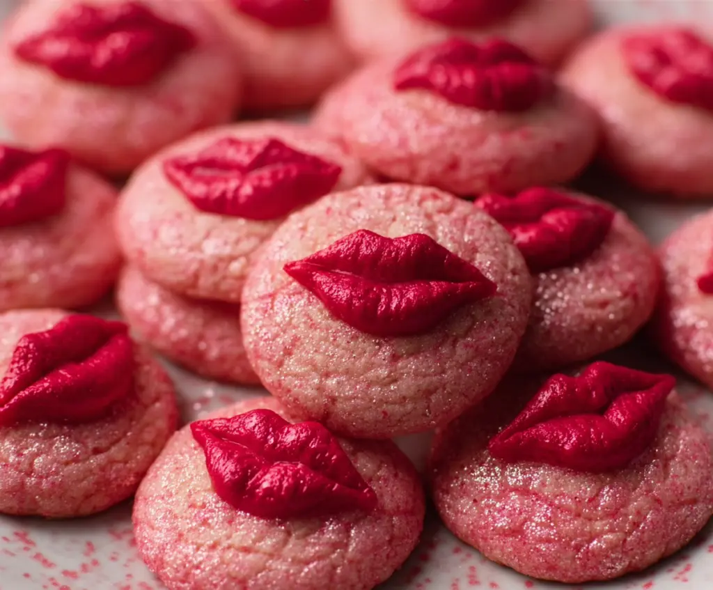 Delicious Strawberry Kiss Cookies with a glossy strawberry glaze and sweet sprinkles.