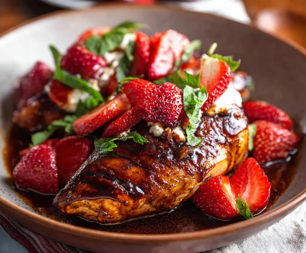 Balsamic glazed chicken served with fresh strawberries on a plate