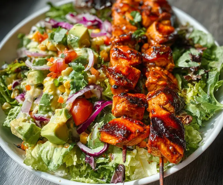 BBQ chicken skewer salad