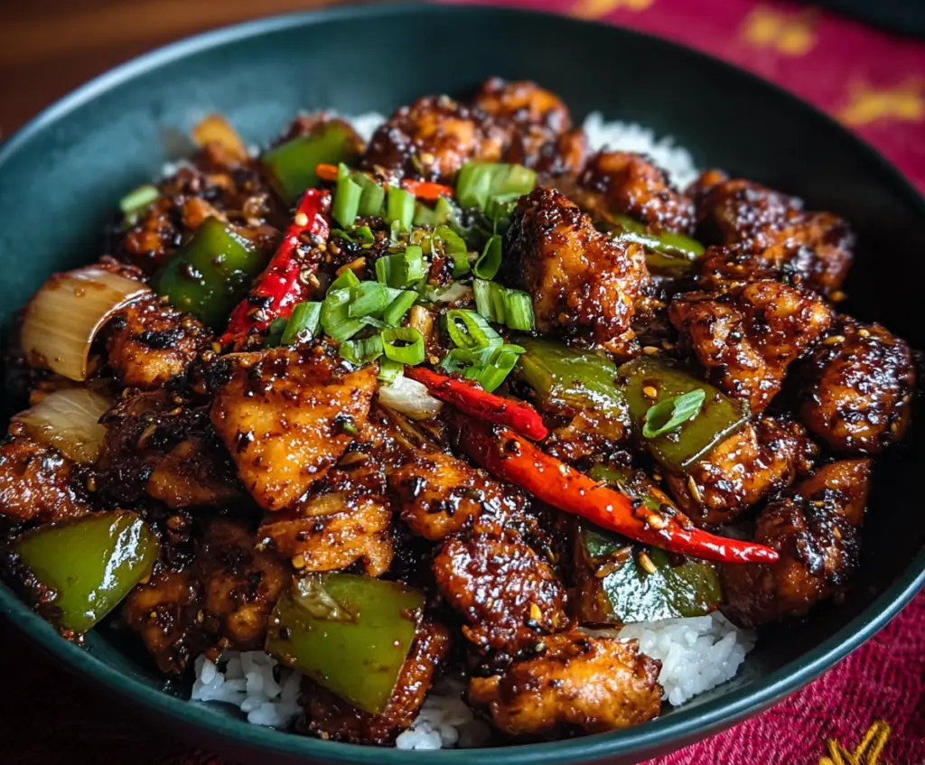 Delicious black pepper chicken dish featuring tender chicken pieces coated in a savory black pepper sauce.