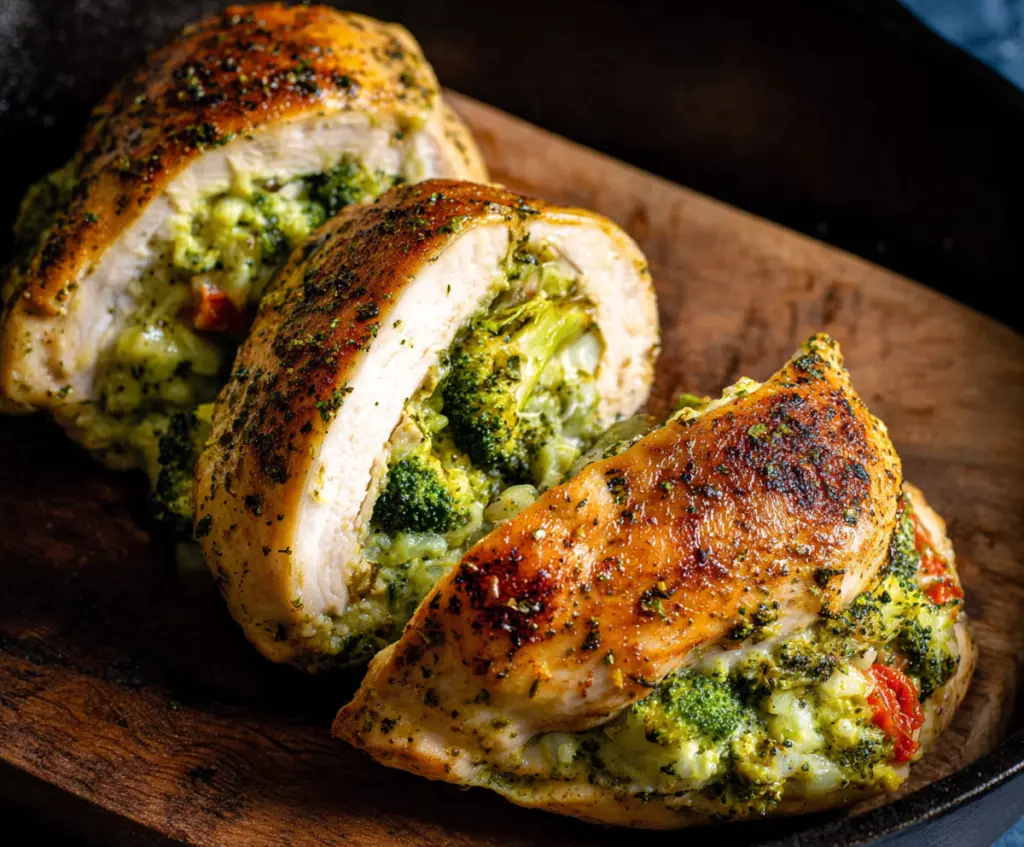 Delicious broccoli stuffed chicken breast ready to serve, featuring juicy chicken filled with fresh broccoli and melted cheese.