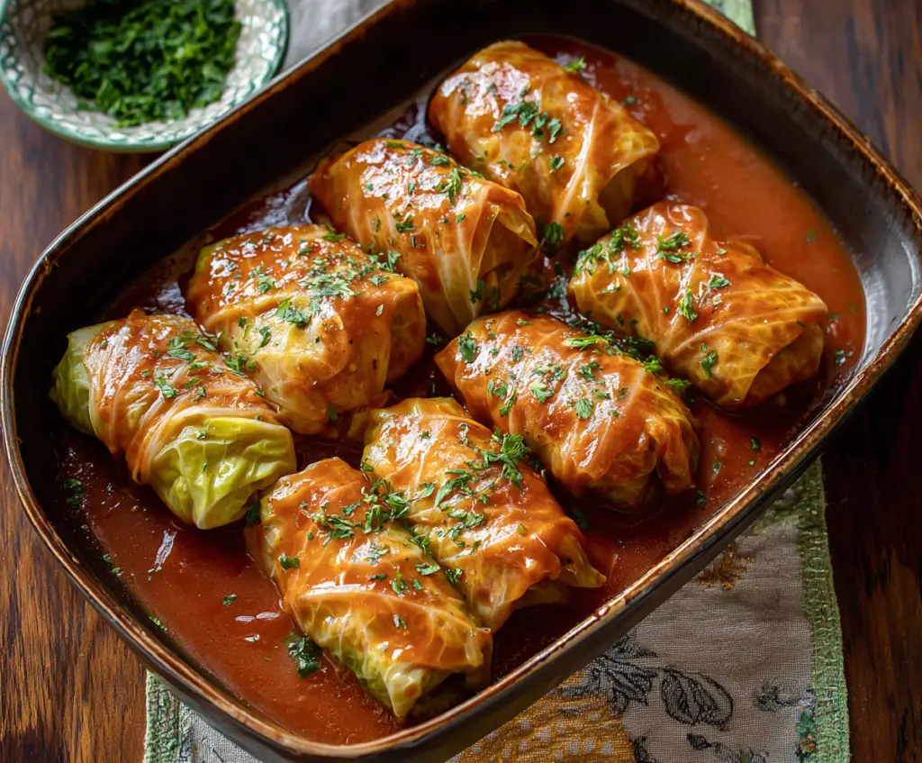 Delicious homemade cabbage rolls stuffed with seasoned meat and rice, served on a platter.