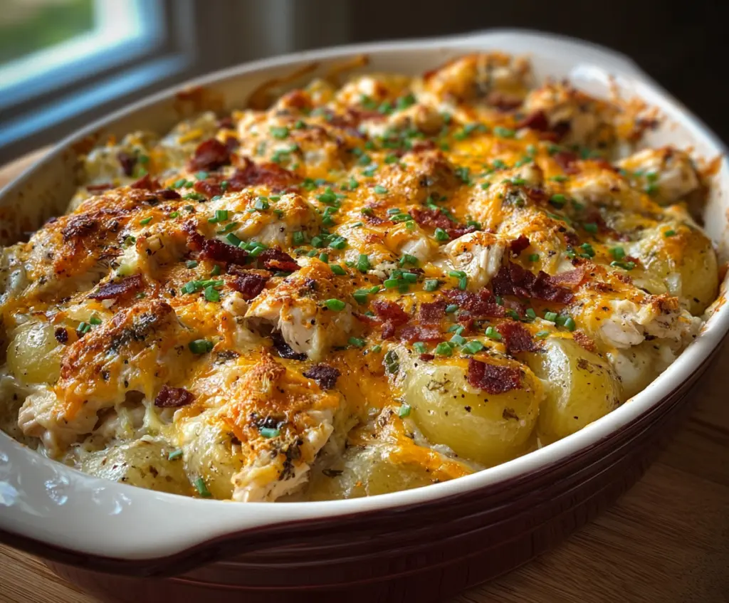 Delicious cheesy chicken and potato bake in a baking dish, topped with melted cheese and herbs.