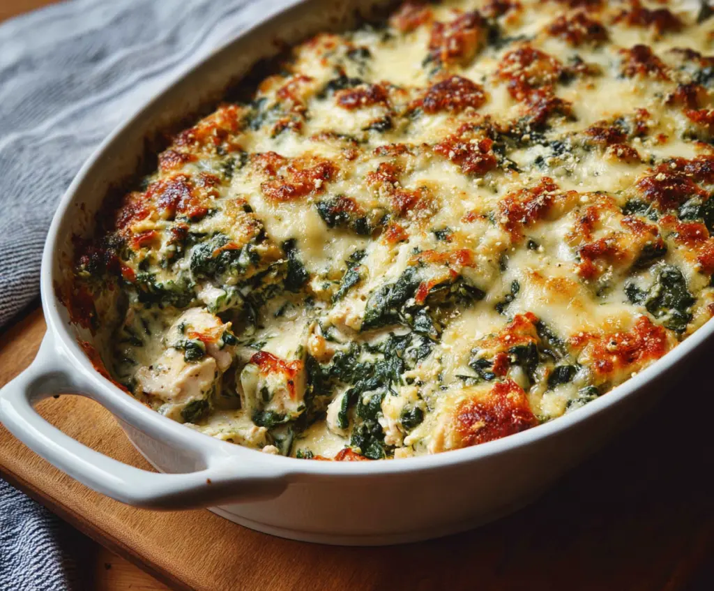 Delicious chicken and spinach casserole in a baking dish, perfect for a healthy family dinner.