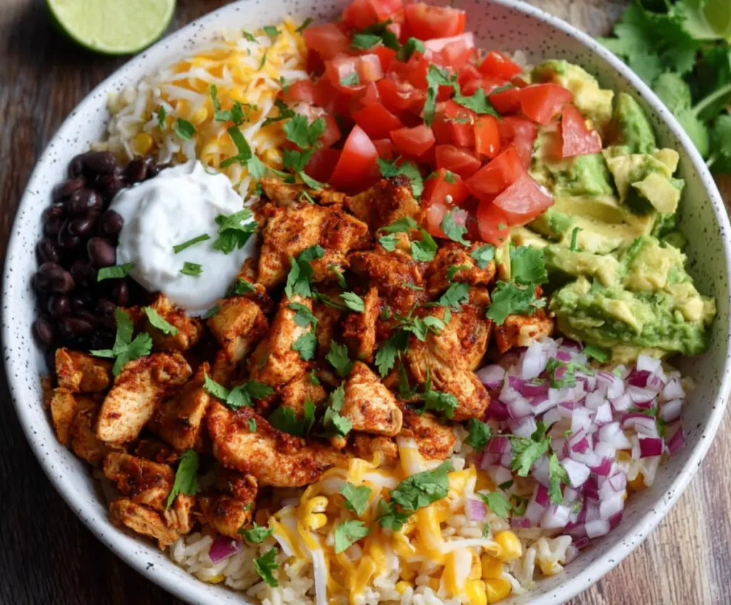 Delicious chicken burrito bowls filled with rice, beans, and fresh vegetables