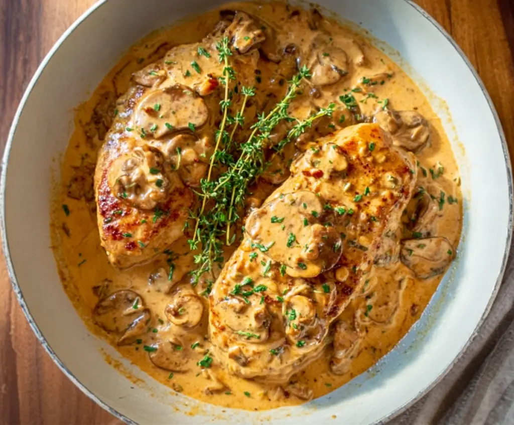 Delicious Chicken Diane served with a lemon and brandy sauce garnished with fresh herbs.