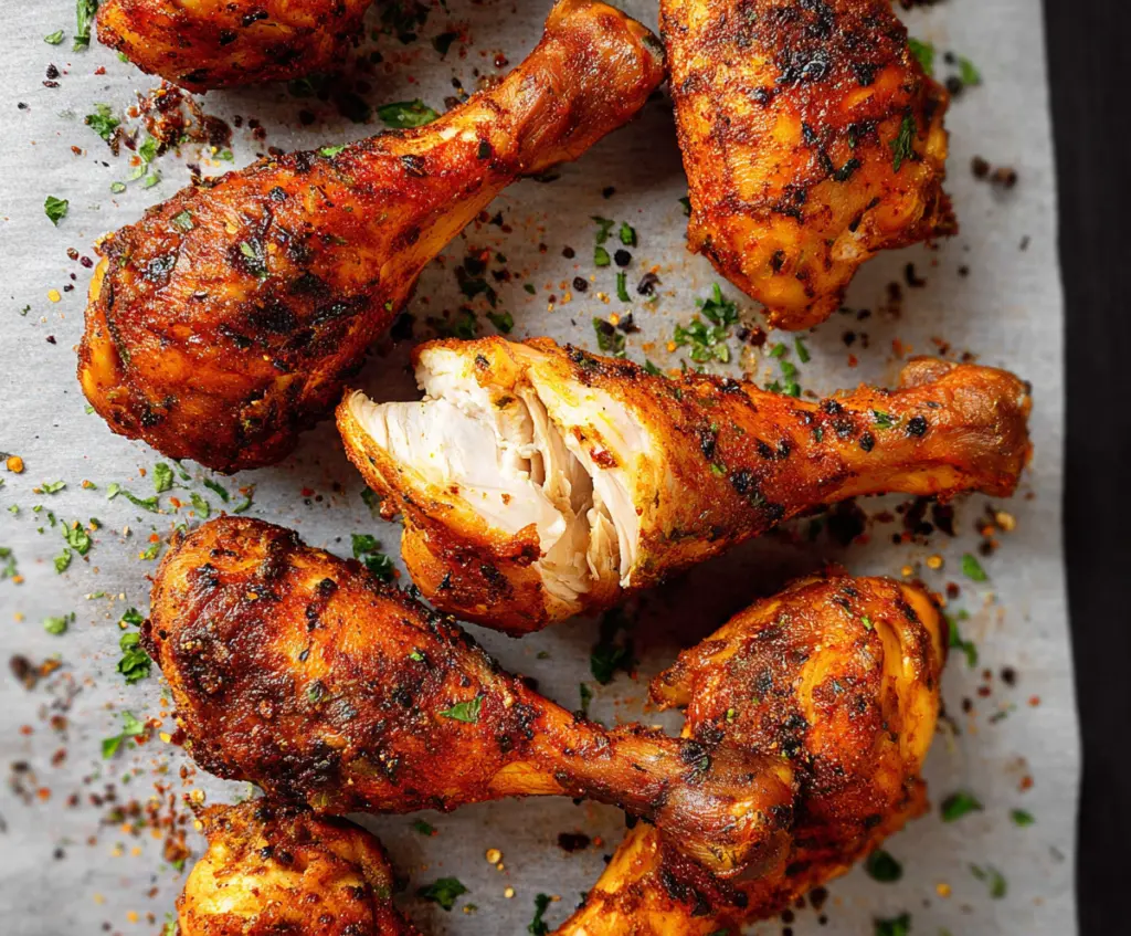 Juicy baked chicken drumsticks with crispy skin, served on a plate with herbs and vegetables.