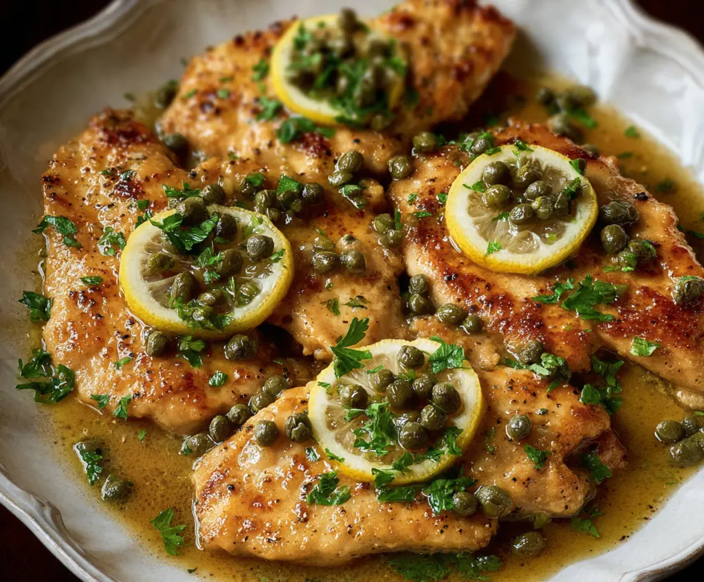 Delicious Chicken Piccata served with lemon and capers on a white plate.