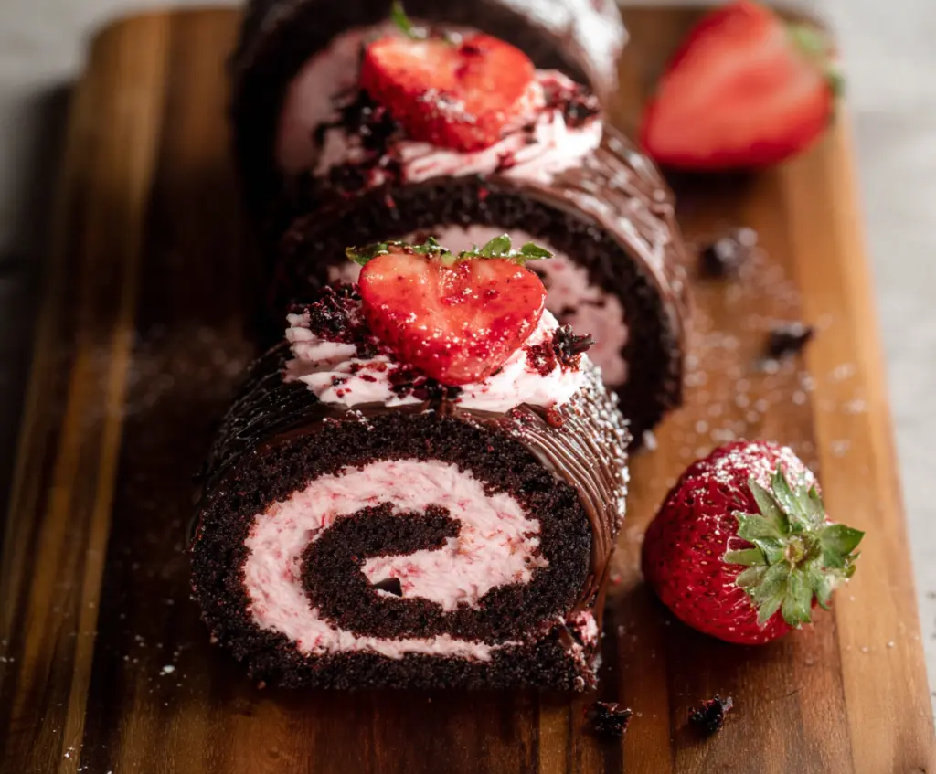 Delicious chocolate rolls topped with rich strawberry cream cheese frosting on a decorative plate.
