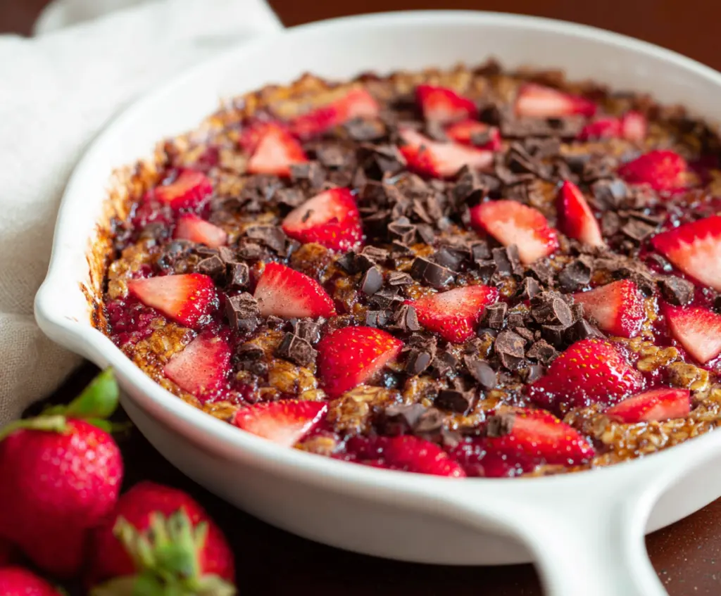 Delicious Chocolate Strawberry Baked Oatmeal served in a bowl with fresh strawberries and melted chocolate topping.