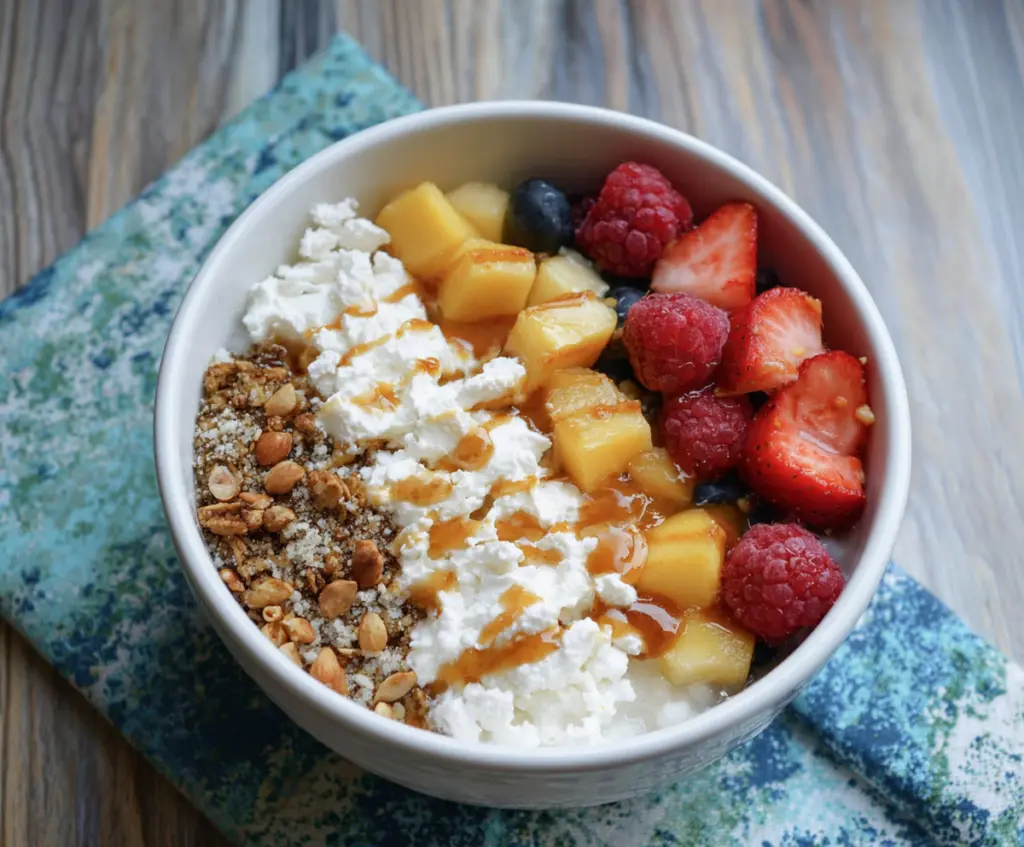 Healthy cottage cheese breakfast bowl with fresh fruits and nuts for a nutritious start to the day