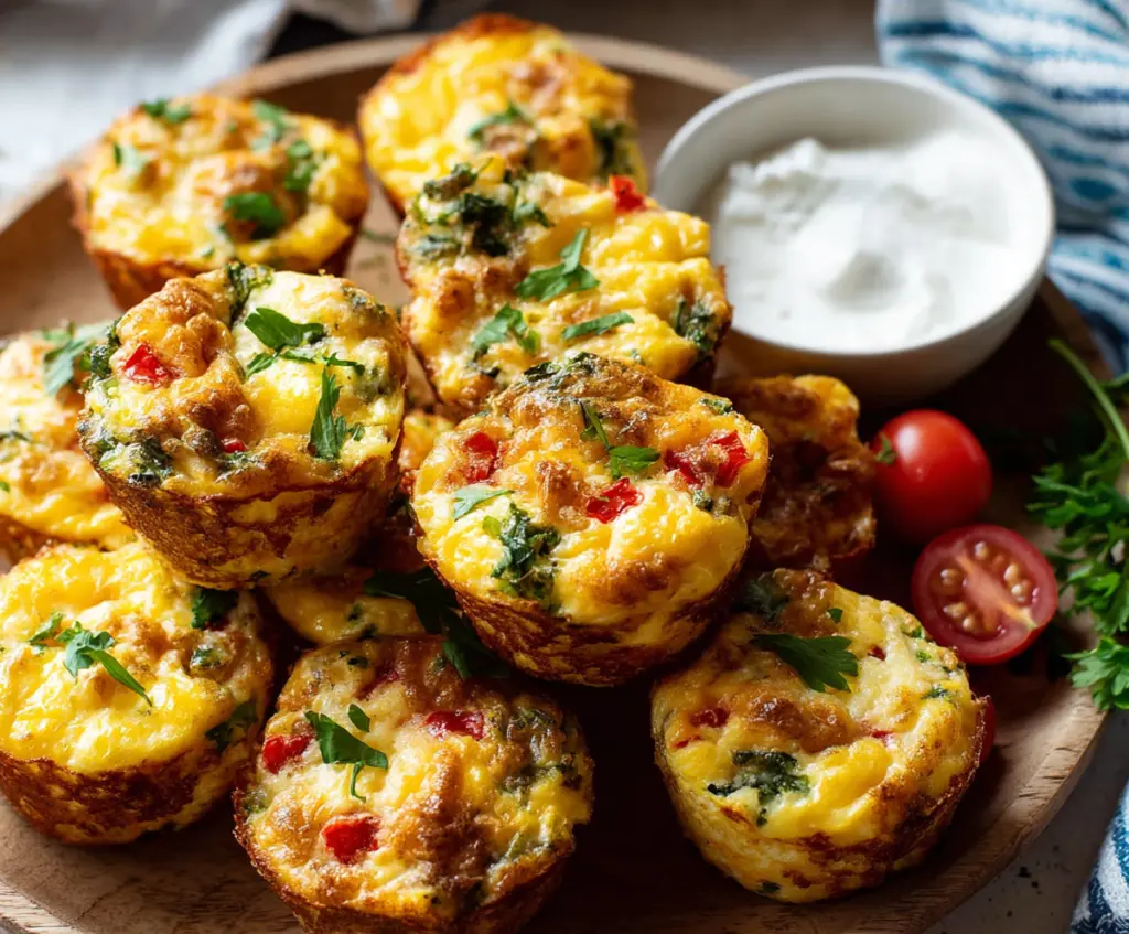 Healthy cottage cheese breakfast muffins with fresh herbs and vegetables on a white plate.