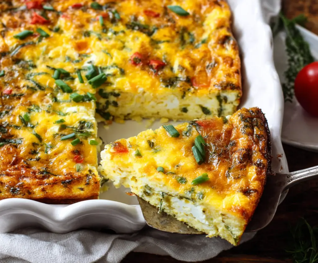 Delicious cottage cheese egg bake in a baking dish, topped with herbs and vibrant vegetables.