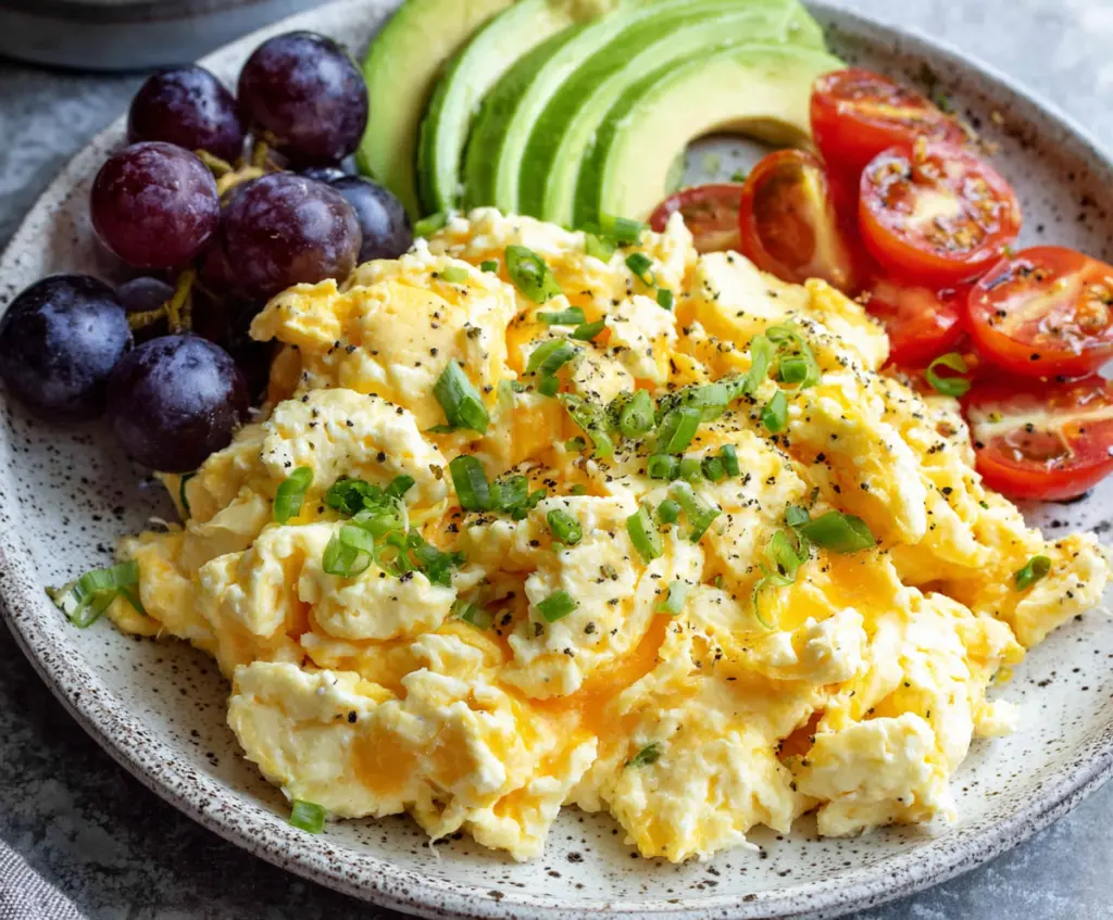 Creamy cottage cheese scrambled eggs cooked to perfection, a nutritious breakfast option.