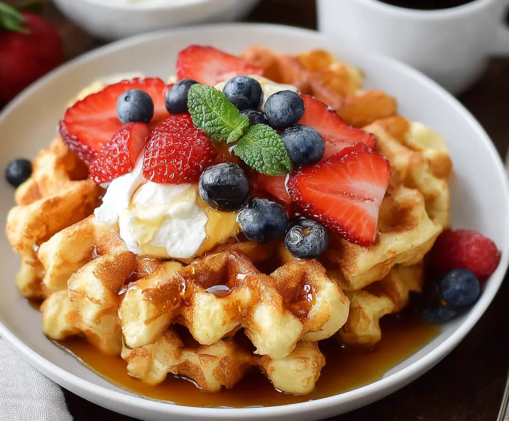 Delicious homemade cottage cheese waffles served on a plate with fresh berries.