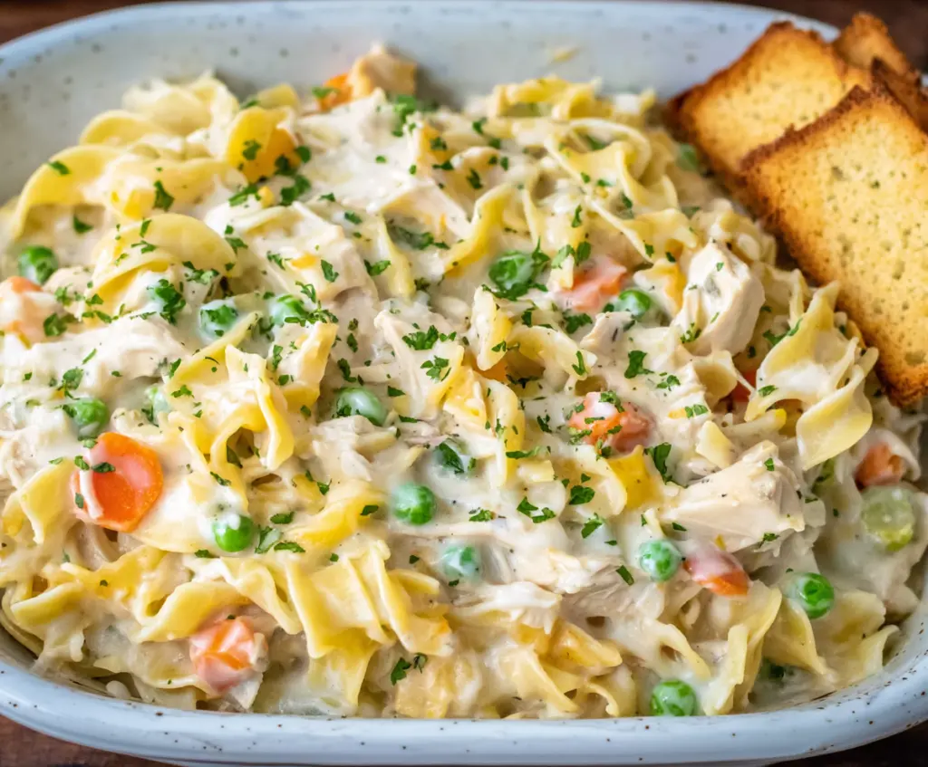 Creamy chicken noodle casserole in a baking dish topped with melted cheese and fresh herbs.