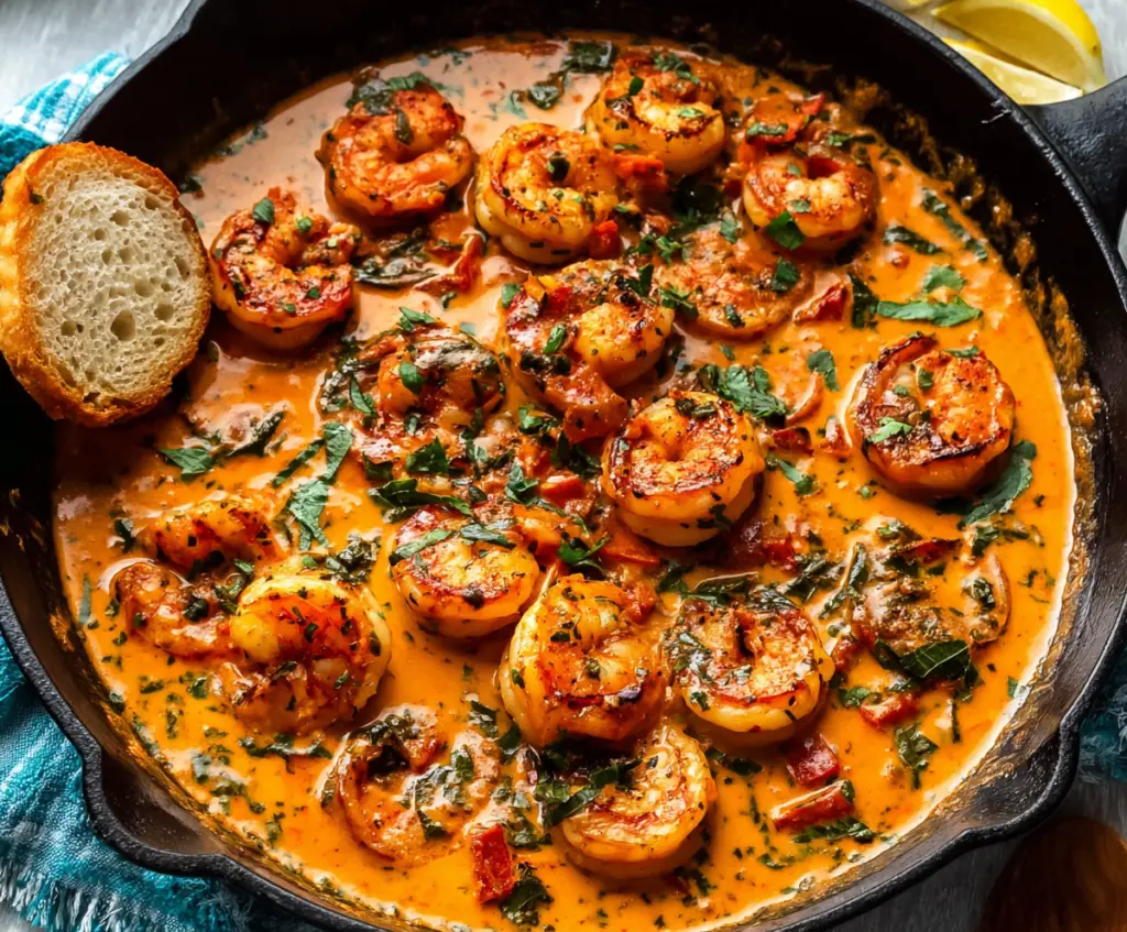 Delicious creamy garlic-paprika shrimp skillet served on a plate with fresh herbs