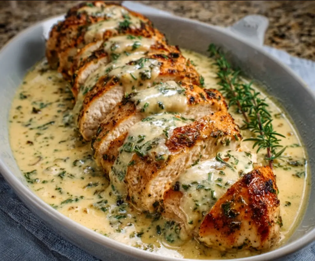 Delicious creamy herb chicken served on a plate garnished with fresh herbs