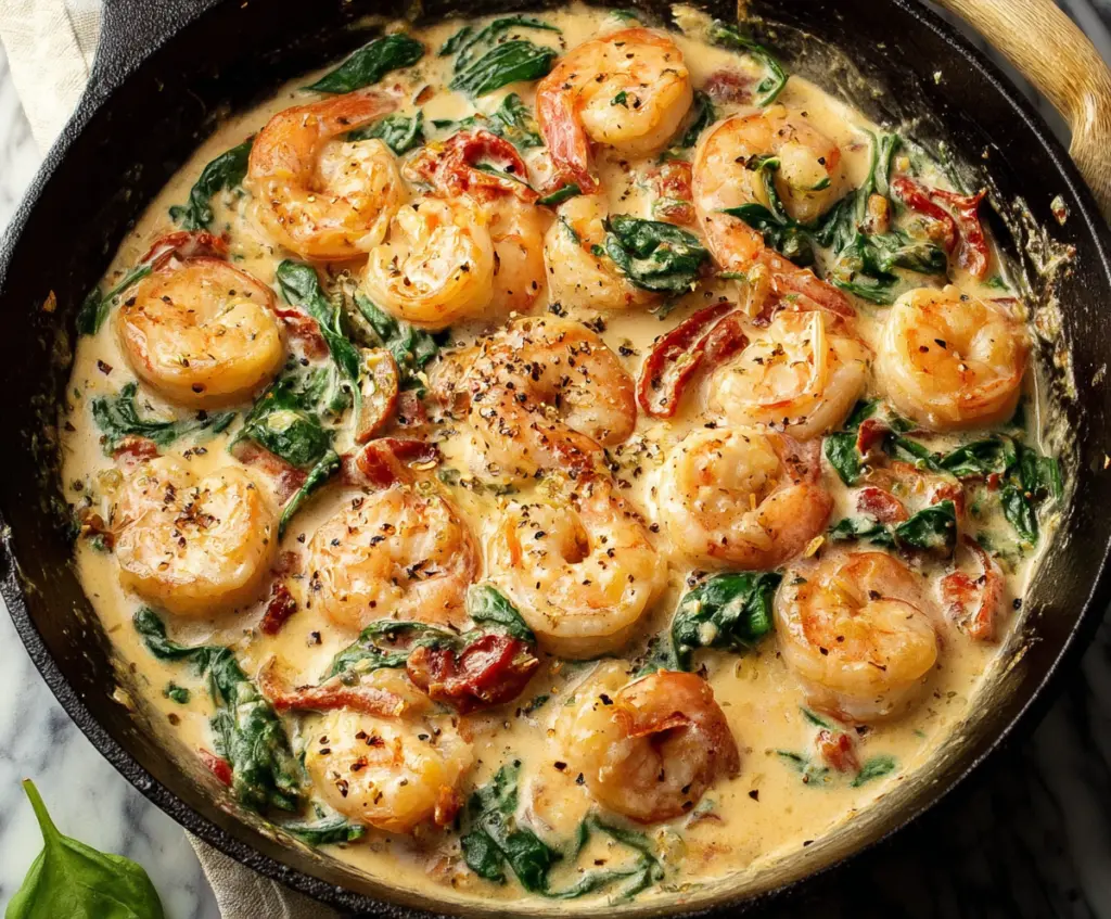 Creamy Tuscan Shrimp dish featuring succulent shrimp in a rich, creamy sauce with spinach and sun-dried tomatoes.