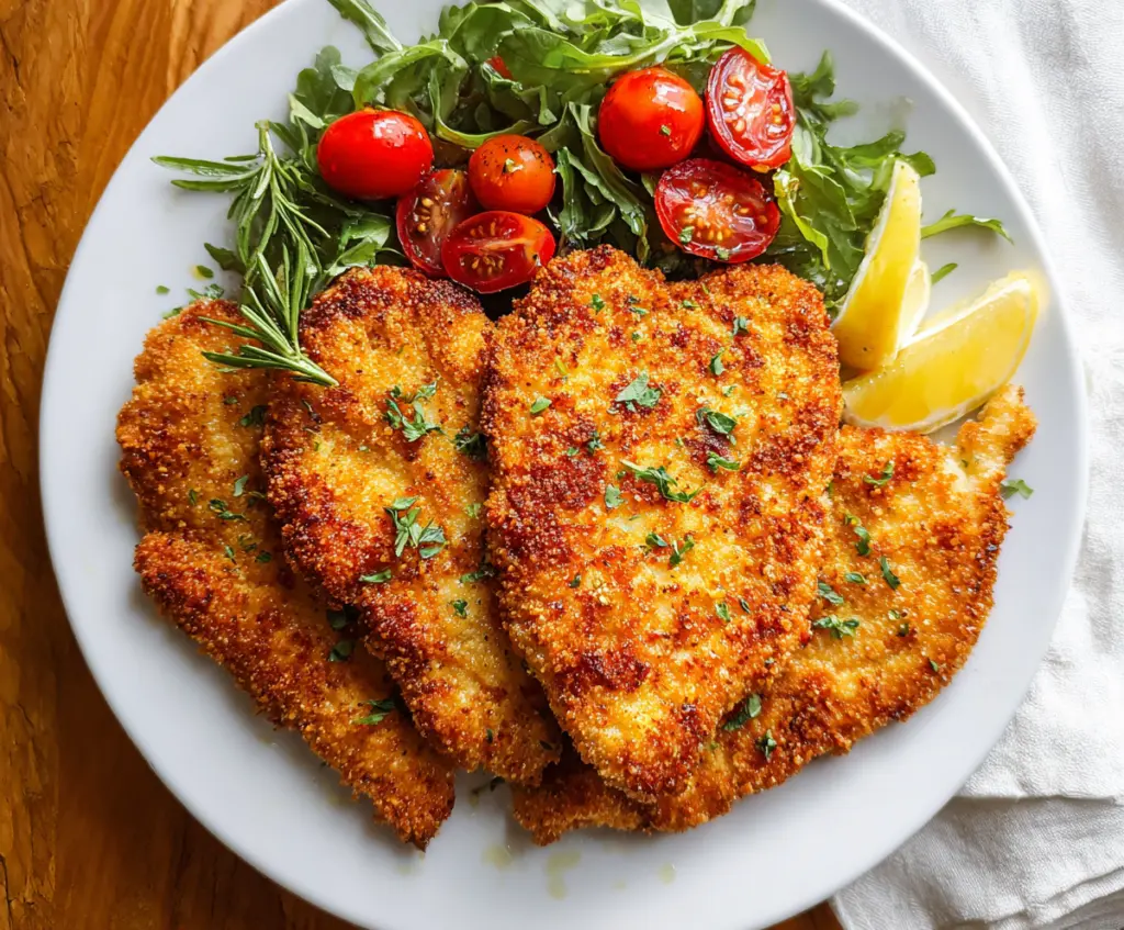 Crispy Air Fryer Chicken Milanese served with fresh lemon and herbs on a white plate.