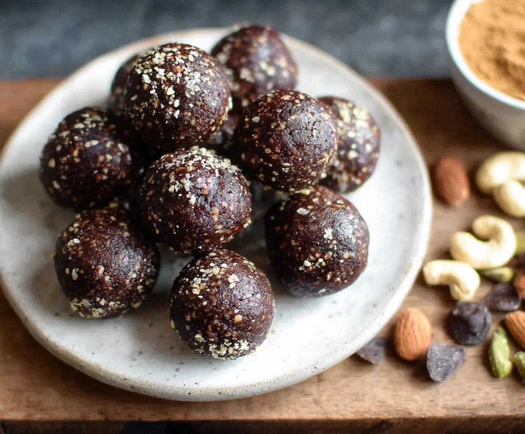 Delicious dark chocolate energy bites made with wholesome ingredients, perfect for a healthy snack.