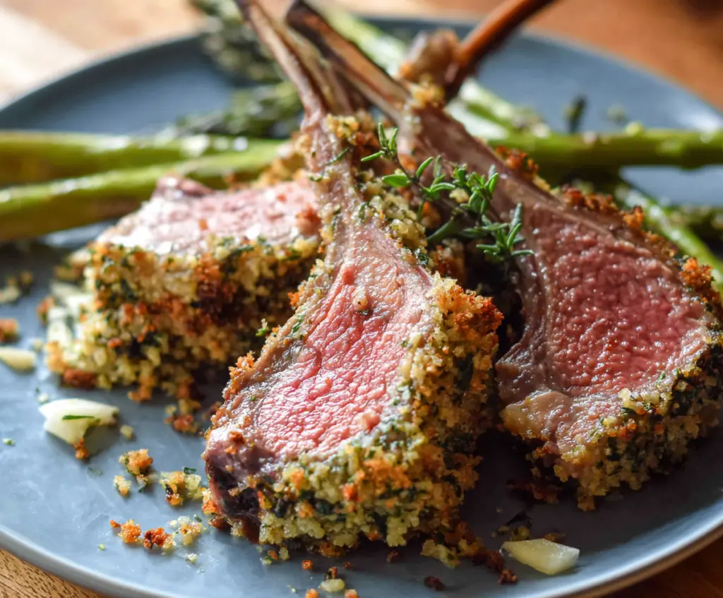 Delicious garlic and herb crusted lamb chops served with fresh vegetables