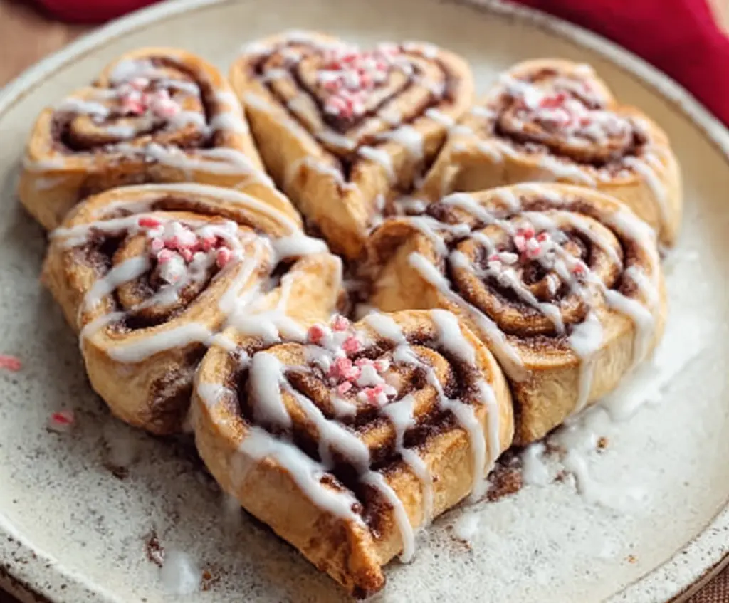 Delicious heart-shaped cinnamon rolls fresh out of the oven, topped with icing and cinnamon sugar.