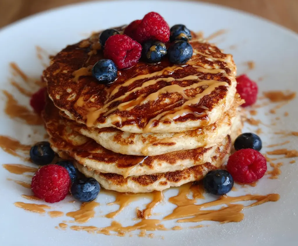 Healthy high-protein cottage cheese pancakes topped with fresh berries and syrup.
