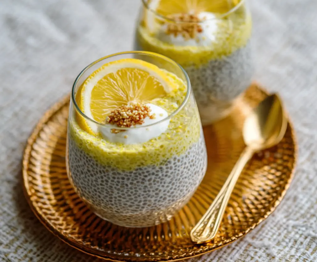 Creamy lemon chia pudding garnished with fresh lemon slices and mint on a white plate